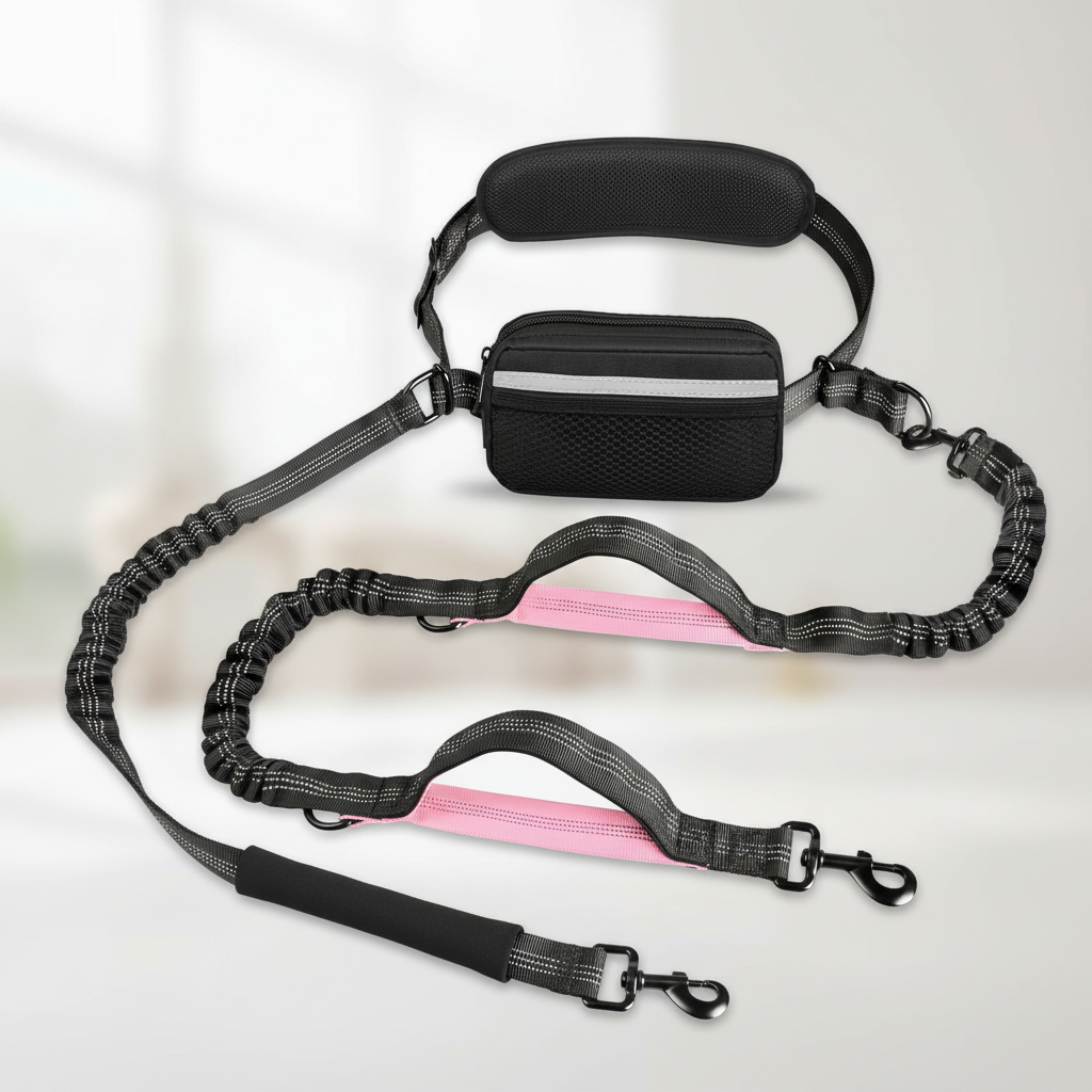 Hands-Free Dog Running Leash with Waist Belt and Dual Handle Elastic Bungees, Retractable Rope for Medium to Large Dogs, Reflective Stitches for Walking, Hiking, and Biking (Large Pink, 25-120 lbs)