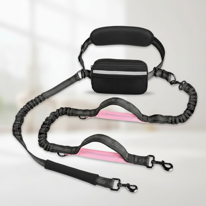 Hands-Free Dog Running Leash with Waist Belt and Dual Handle Elastic Bungees, Retractable Rope for Medium to Large Dogs, Reflective Stitches for Walking, Hiking, and Biking (Large Pink, 25-120 lbs)