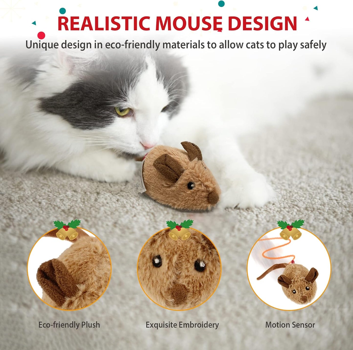 Interactive Cat Toy Mouse, Moving Automatic Cat Toys Mice Electronic with Furry Tail, Automatic Squeaky Cat Toys for Kitten Indoor/Outdoor Exercise (Brown-Ear)