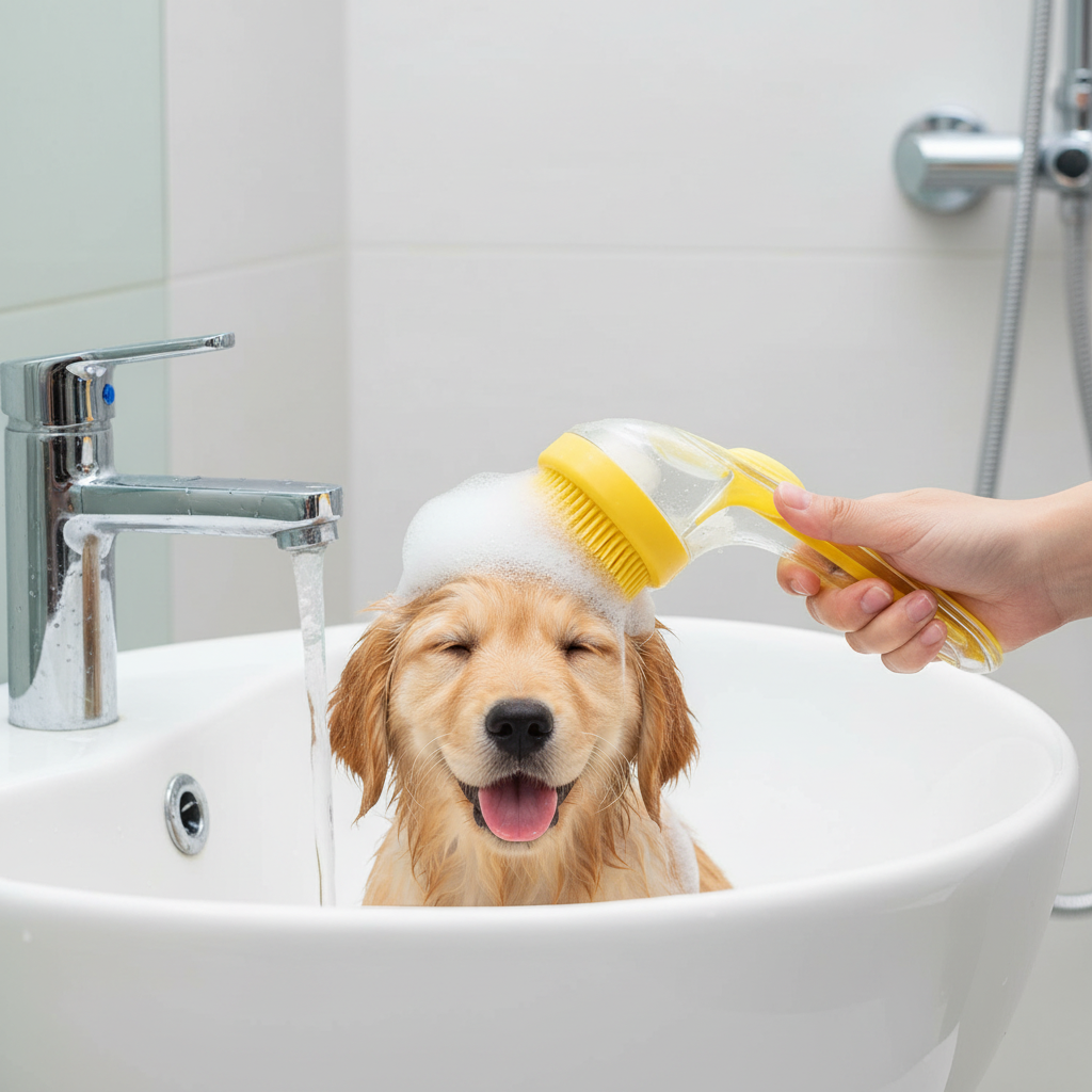 2-in-1 Pet Grooming Bath Brush with Soap Dispenser - Soft Silicone Bristle Scrubber for Dogs and Cats (Yellow)